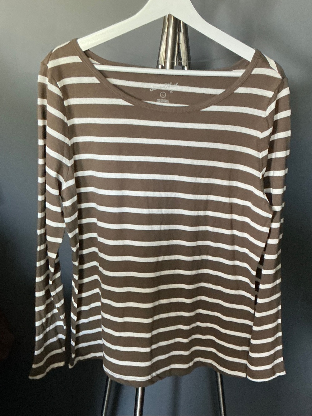 Striped Brown & White Long-Sleeve Women's Top